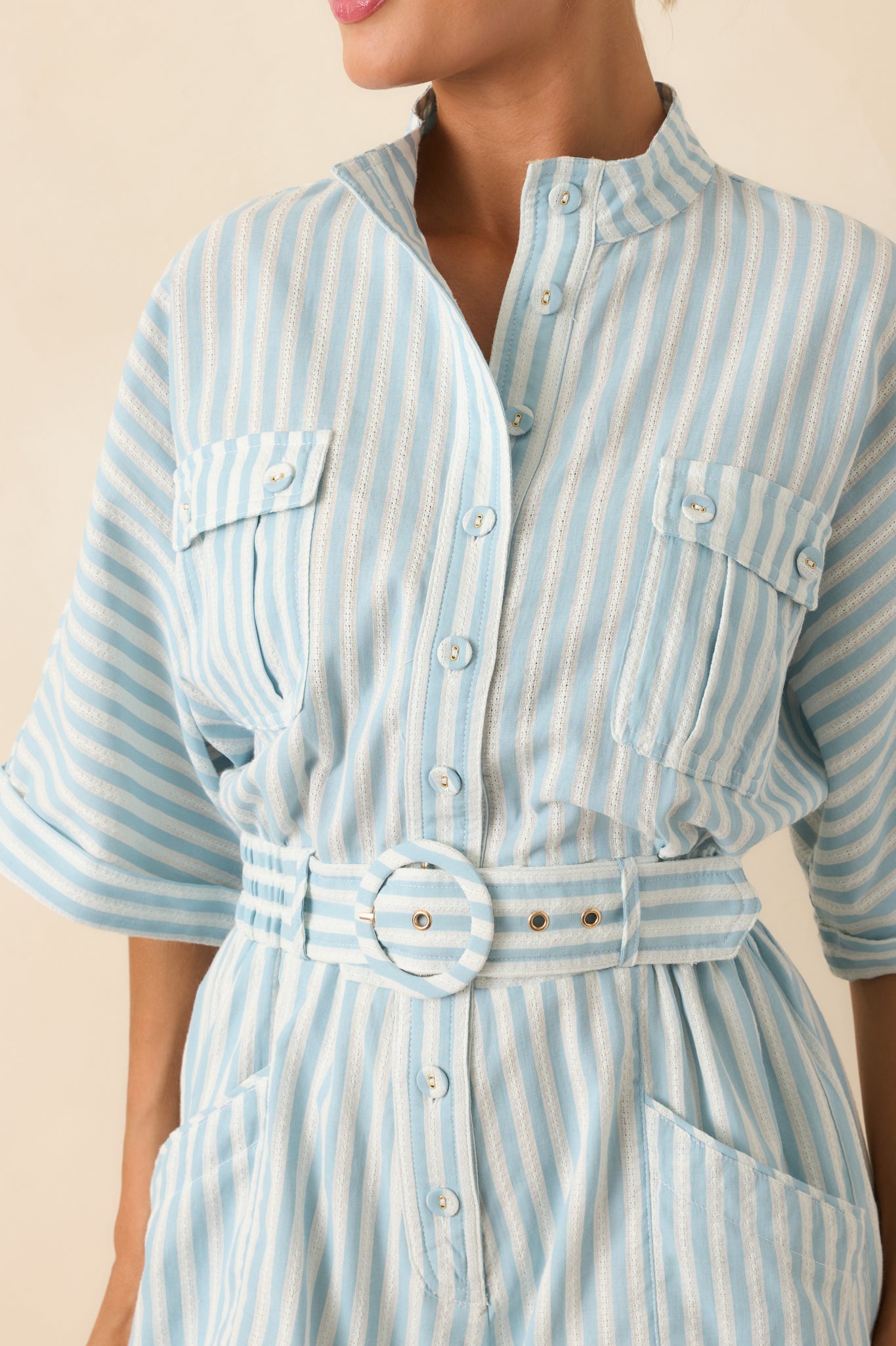 Prosperina Chloe Blue Aqua Stripe Cotton Romper