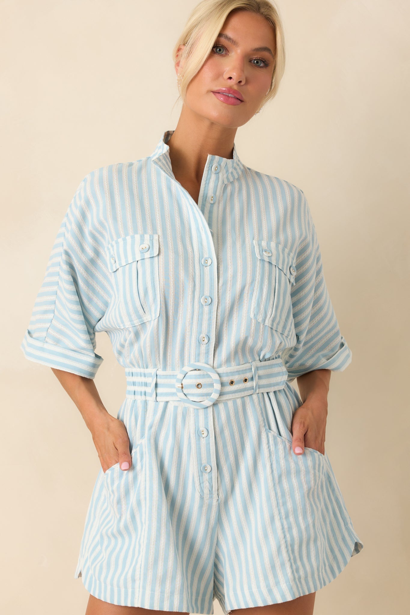 Prosperina Chloe Blue Aqua Stripe Cotton Romper