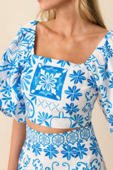 Prosperina Presley Blue Tile Print Cotton Crop Top