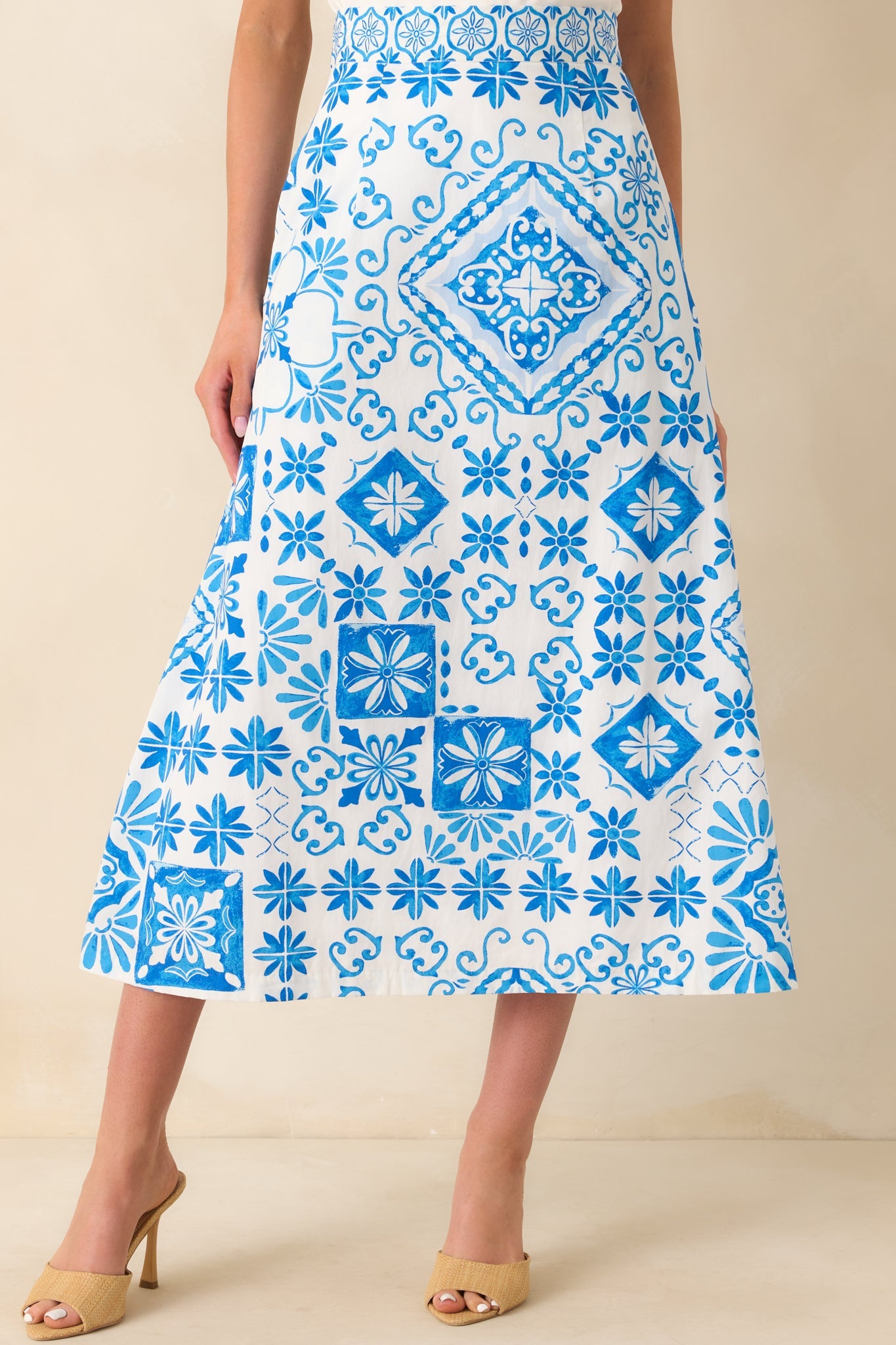Prosperina Hemingway Blue Tile Print Cotton Midi Skirt