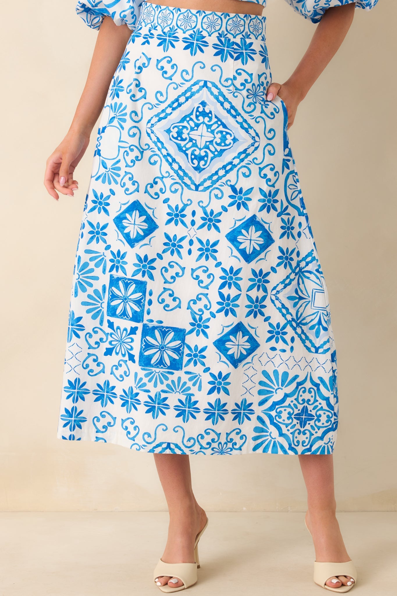 Prosperina Hemingway Blue Tile Print Cotton Midi Skirt