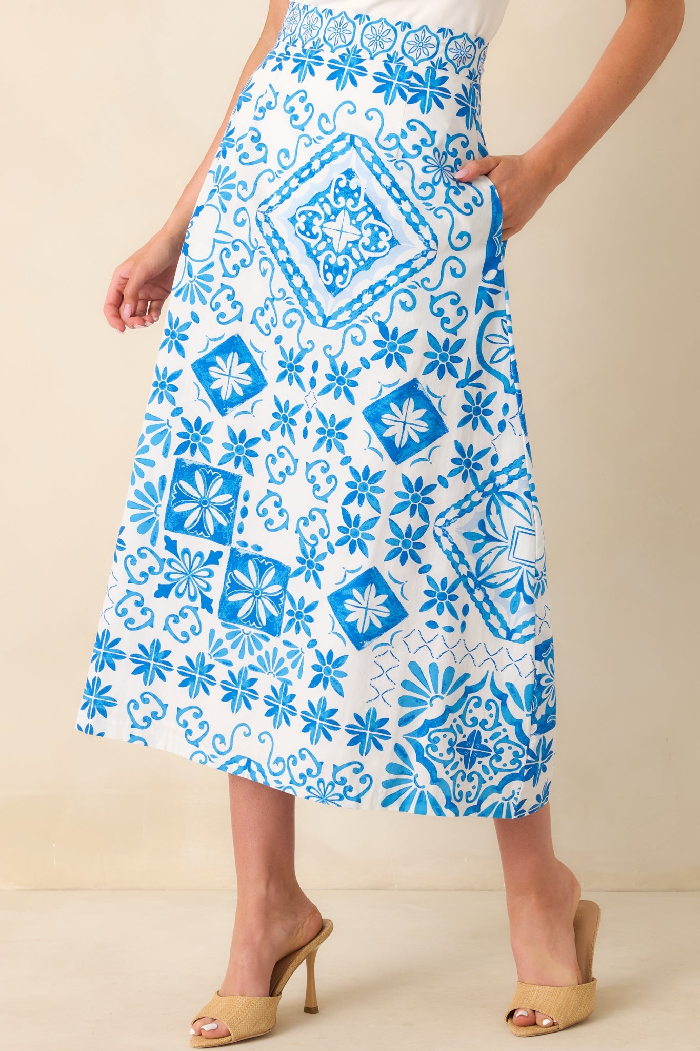 Prosperina Hemingway Blue Tile Print Cotton Midi Skirt