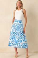 Prosperina Hemingway Blue Tile Print Cotton Midi Skirt