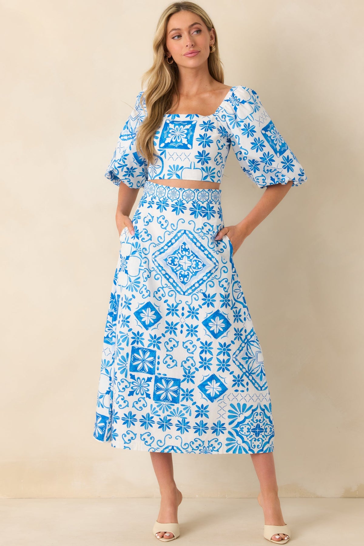 Prosperina Hemingway Blue Tile Print Cotton Midi Skirt