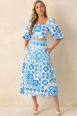 Prosperina Hemingway Blue Tile Print Cotton Midi Skirt