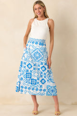 Prosperina Hemingway Blue Tile Print Cotton Midi Skirt