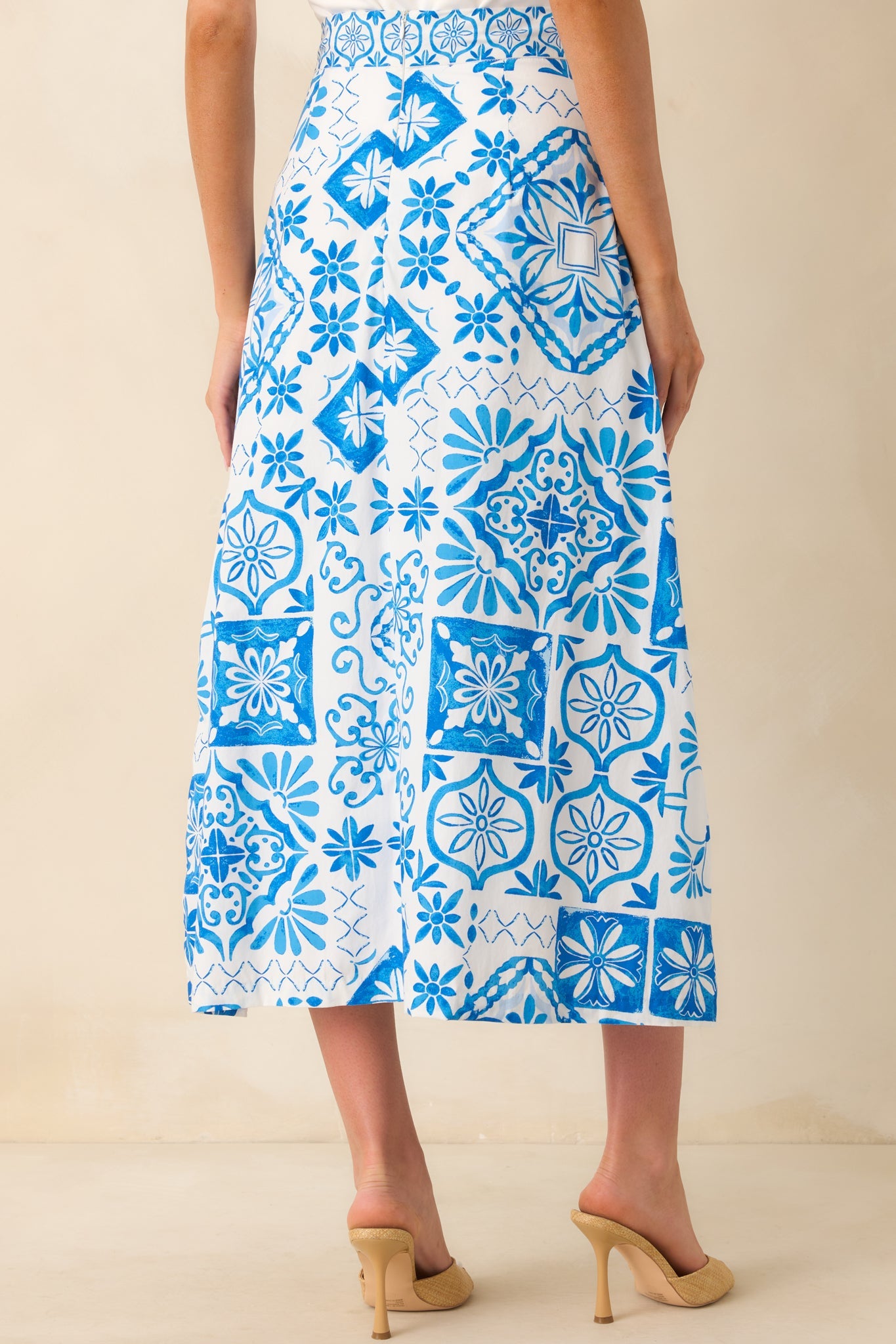 Prosperina Hemingway Blue Tile Print Cotton Midi Skirt