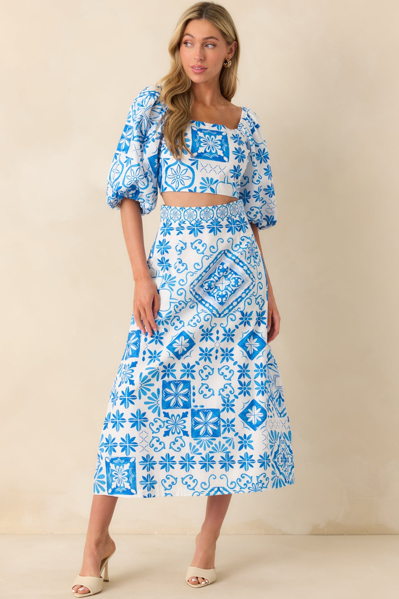 Prosperina Presley Blue Tile Print Cotton Crop Top