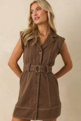 Take Your Pick Brown Cotton Denim Sleeveless Mini Shirt Dress