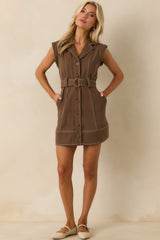 Take Your Pick Brown Cotton Denim Sleeveless Mini Shirt Dress