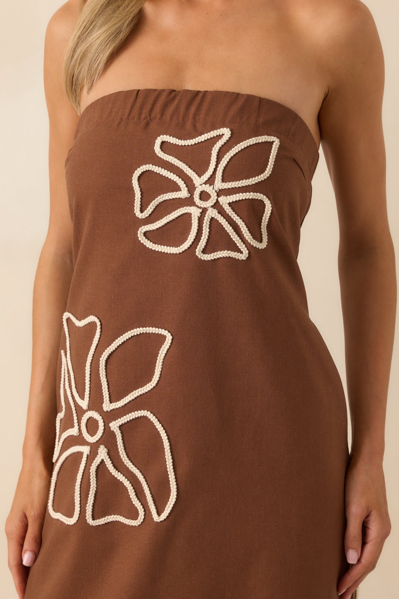 Right Where I Am Brown Floral Embroidered Strapless Midi Dress