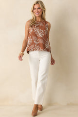 It Just Clicked Brown Cotton Floral Embroidered Sleeveless Top