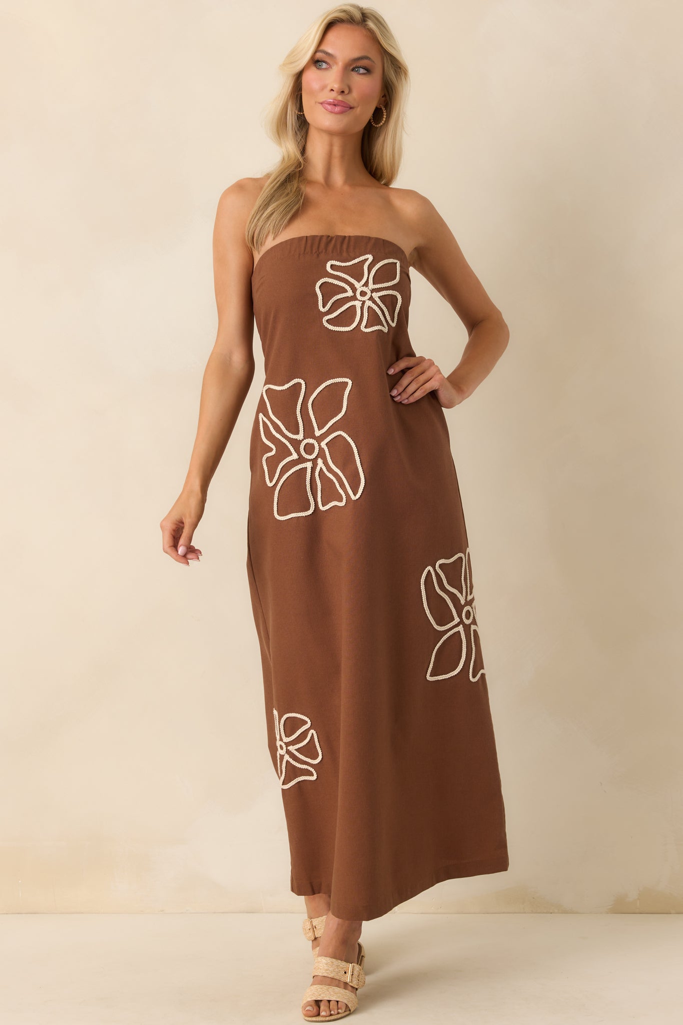 Right Where I Am Brown Floral Embroidered Strapless Midi Dress