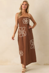 Right Where I Am Brown Floral Embroidered Strapless Midi Dress