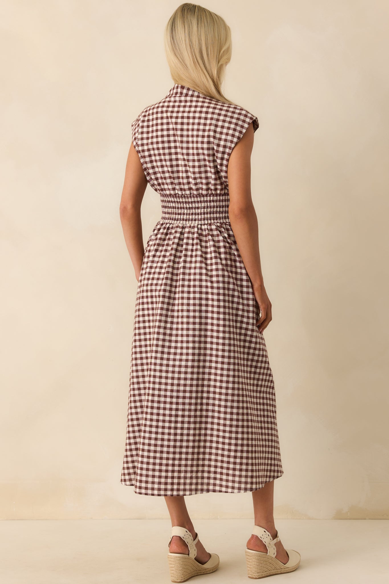 The Evette Brown Gingham Cotton Zip Front Midi Dress