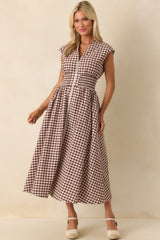 The Evette Brown Gingham Cotton Zip Front Midi Dress