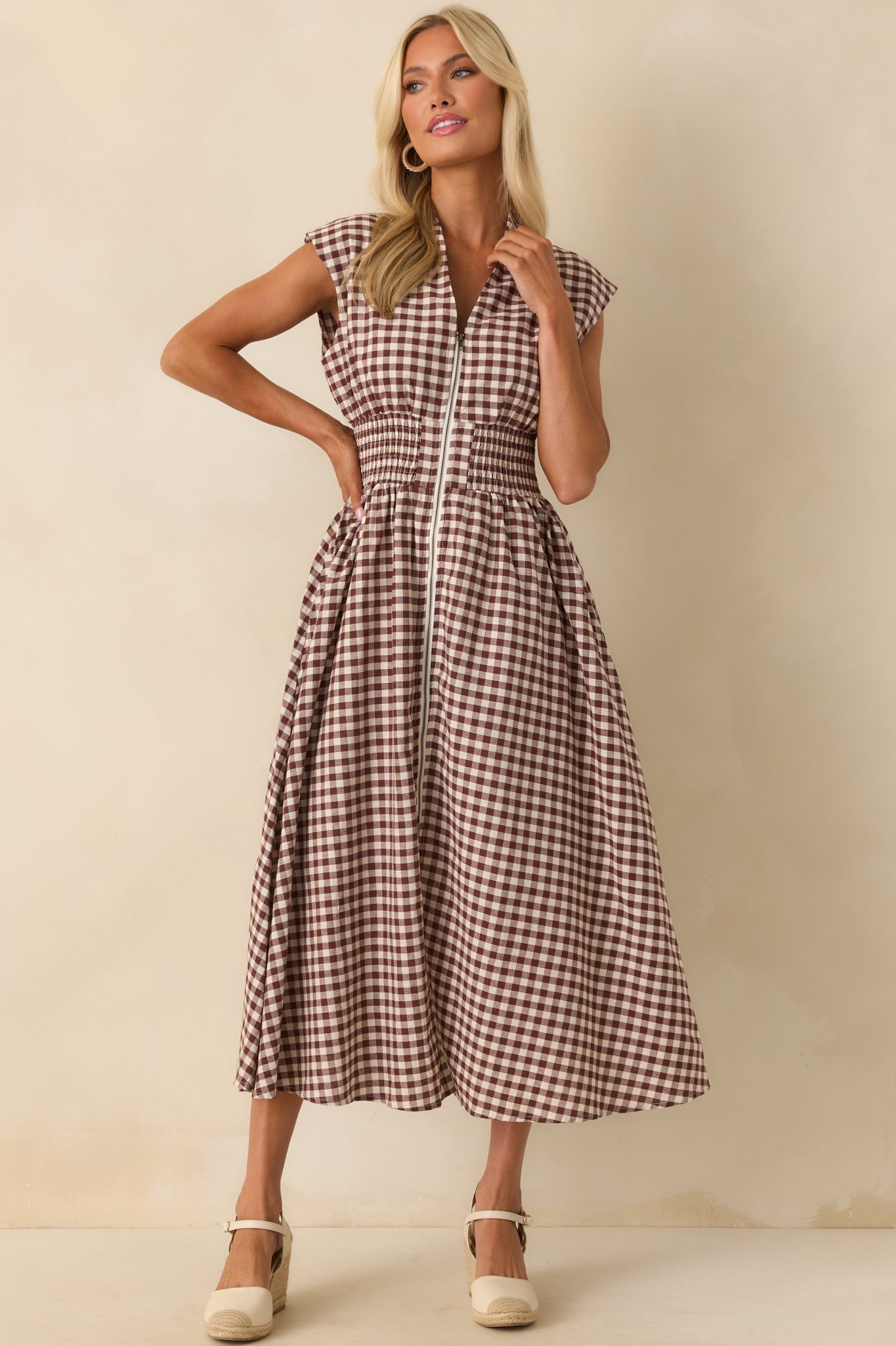 The Evette Brown Gingham Cotton Zip Front Midi Dress