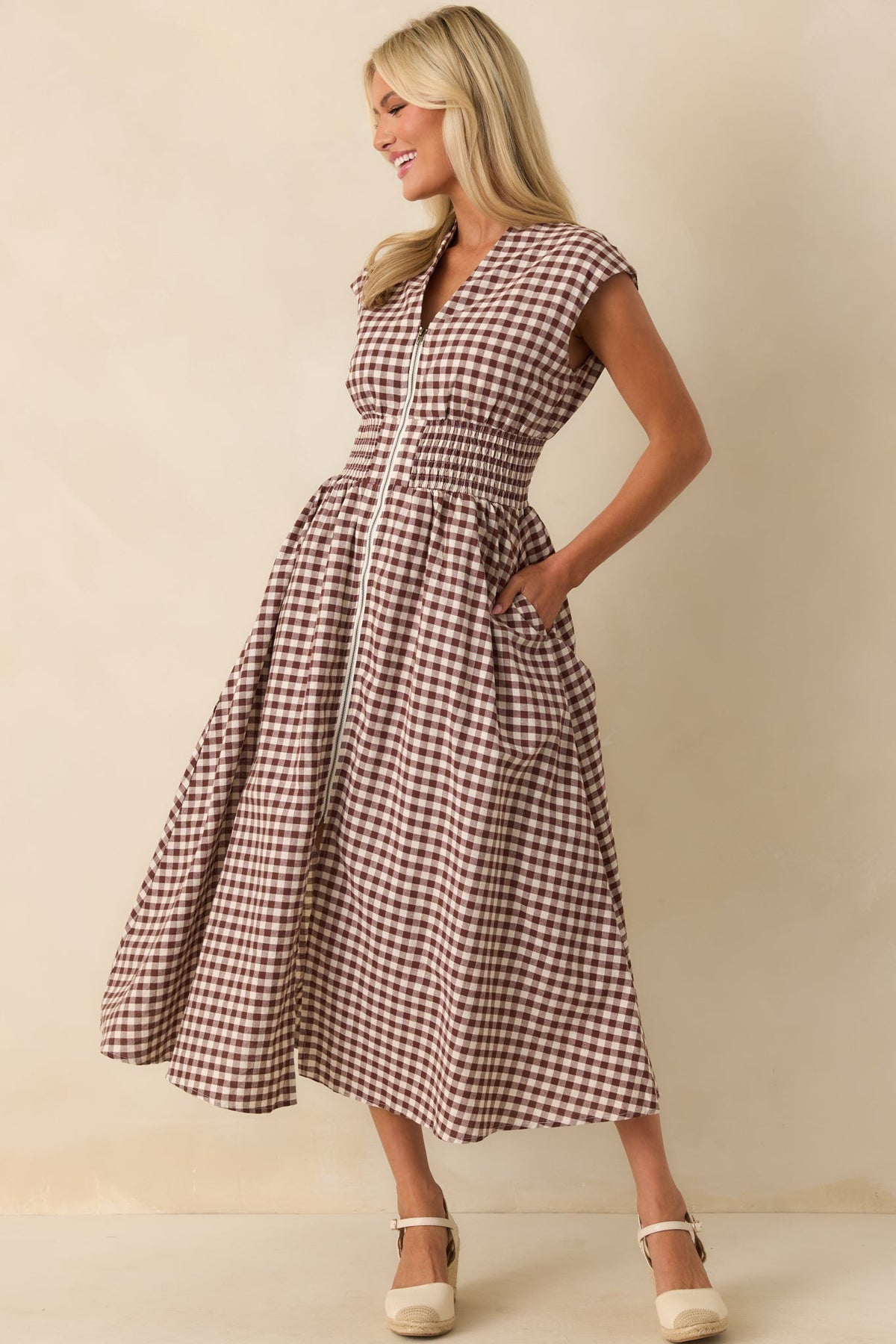 The Evette Brown Gingham Cotton Zip Front Midi Dress