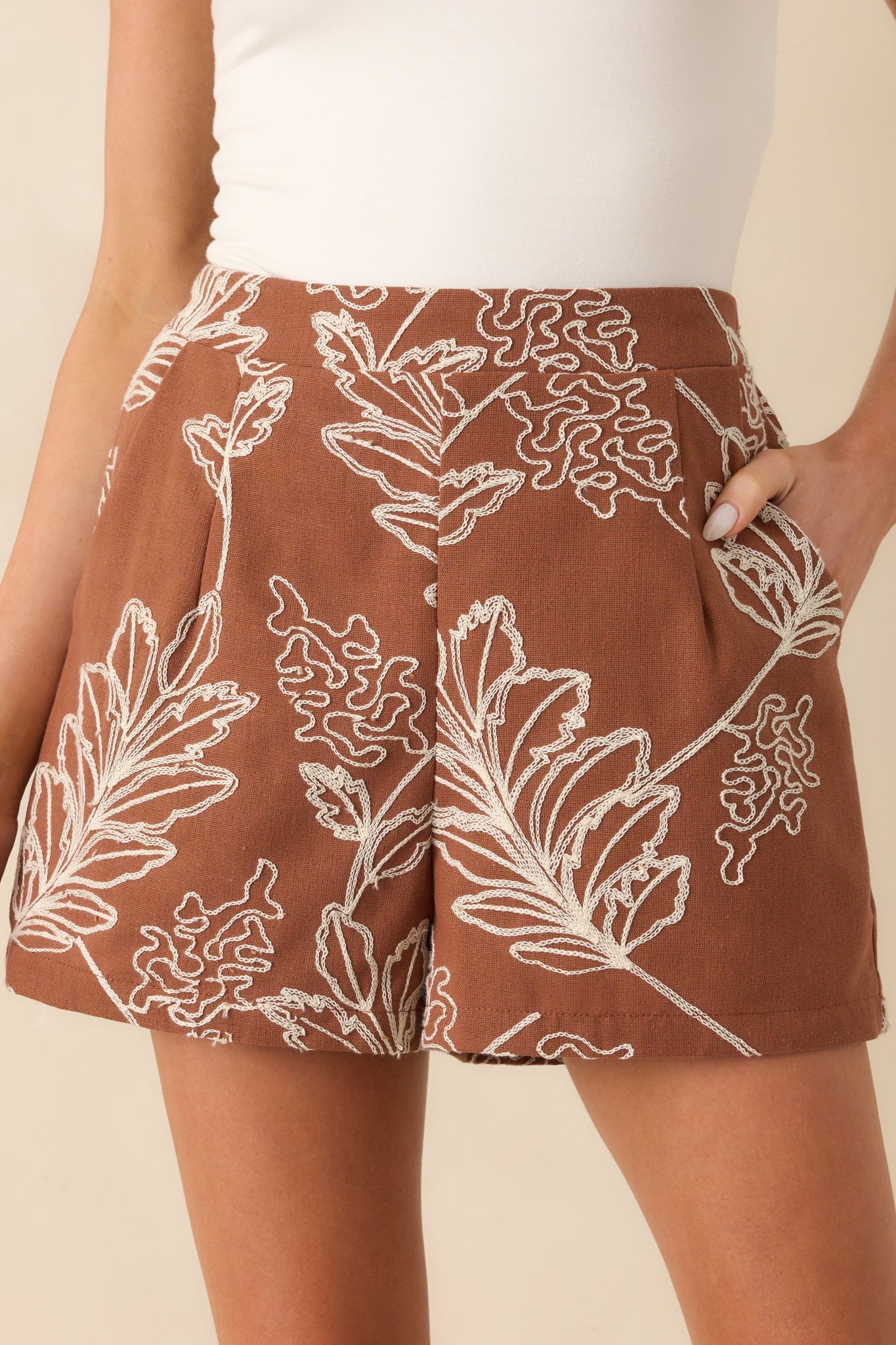 It Just Clicked Brown Cotton Floral Embroidered High Waisted Shorts