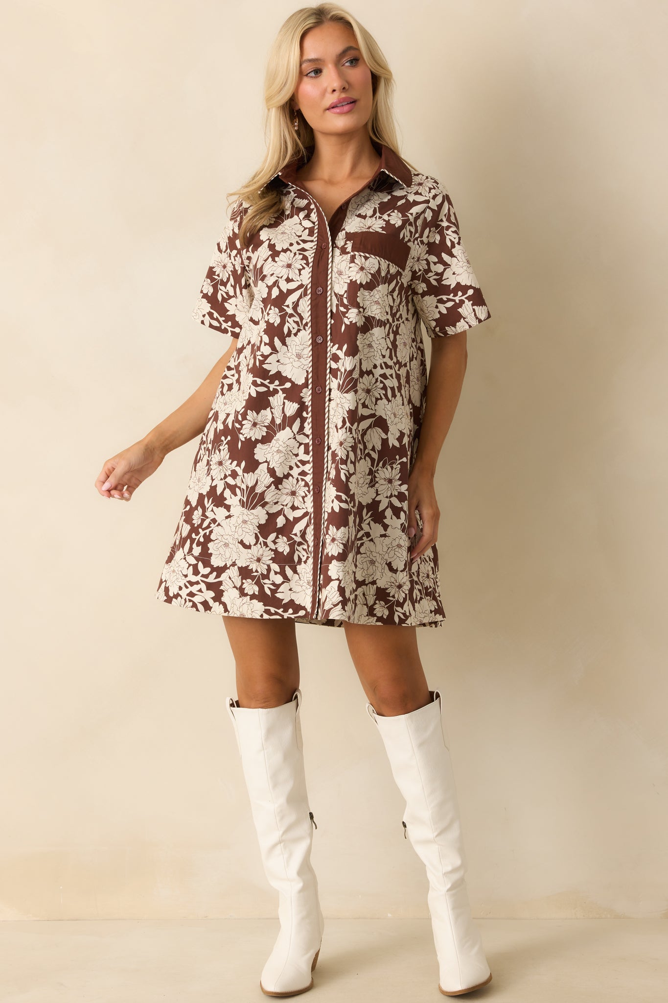 Right Where I Belong Brown Multi Floral Print Mini Shirt Dress