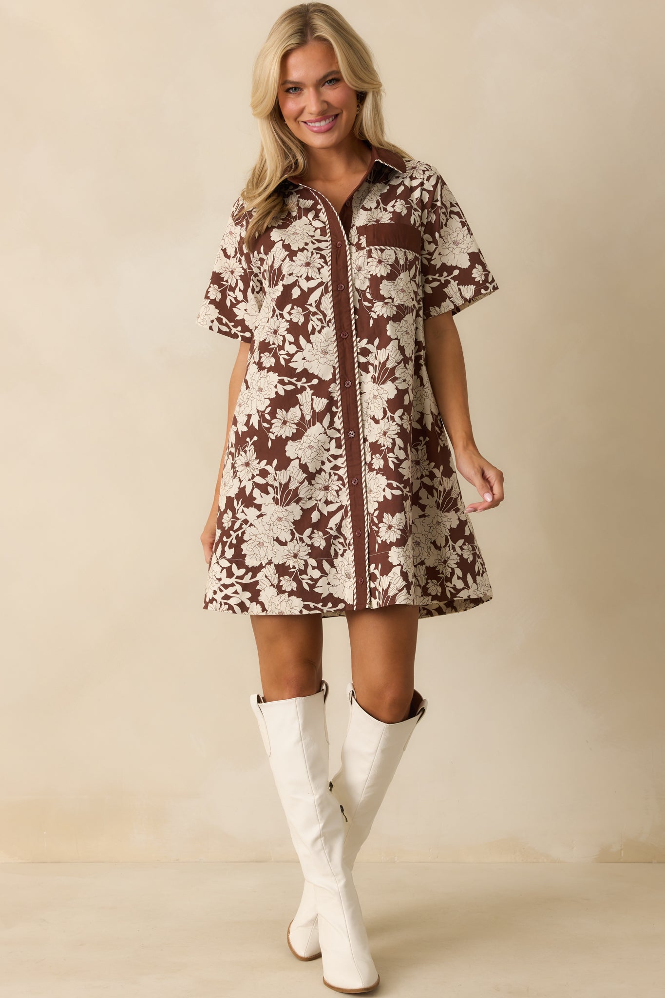 Right Where I Belong Brown Multi Floral Print Mini Shirt Dress