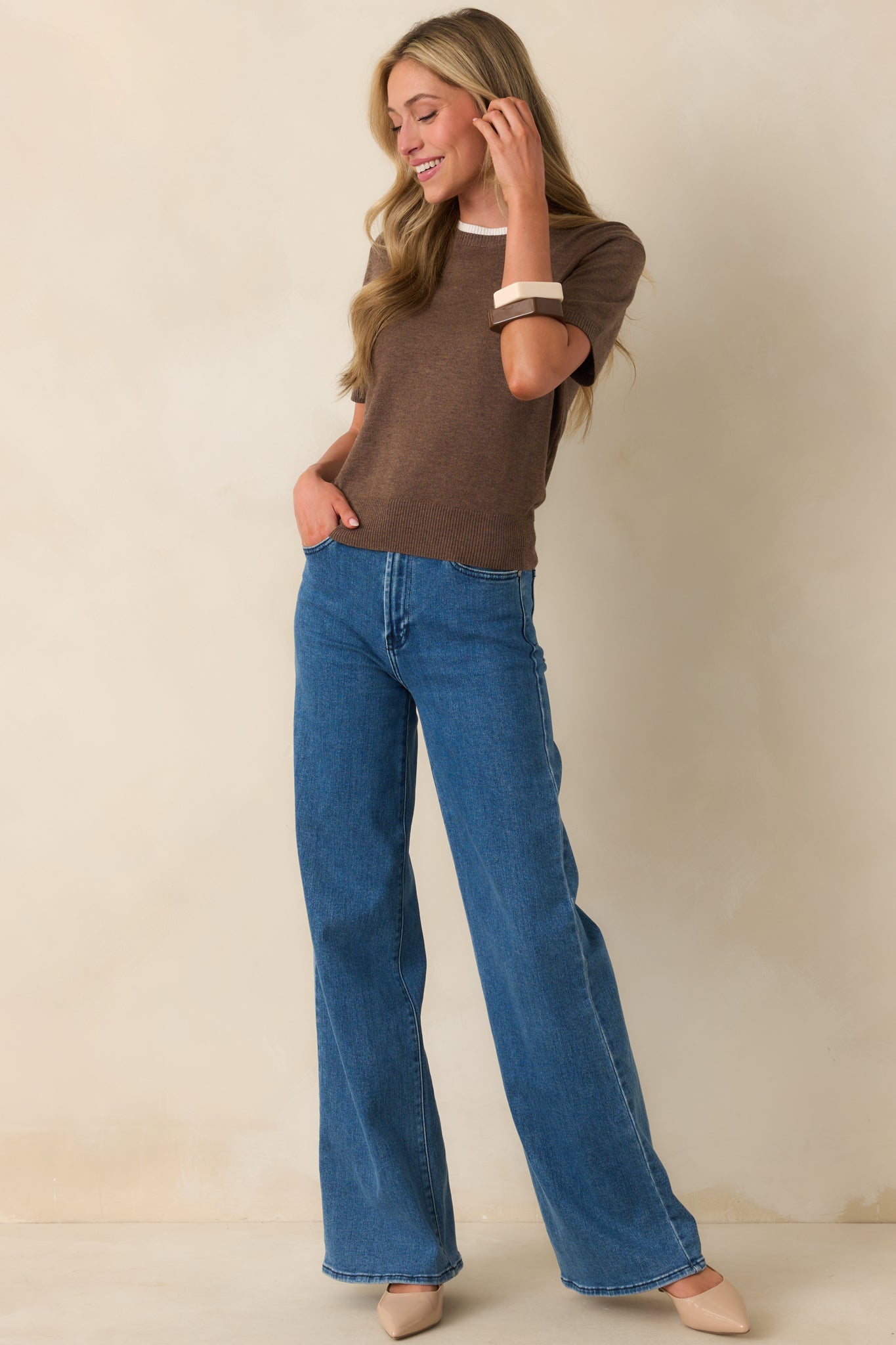Skip A Beat Brown Short Sleeve Knit Top