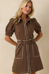 Heard It Before Brown Cotton Belted Mini Shirt Dress
