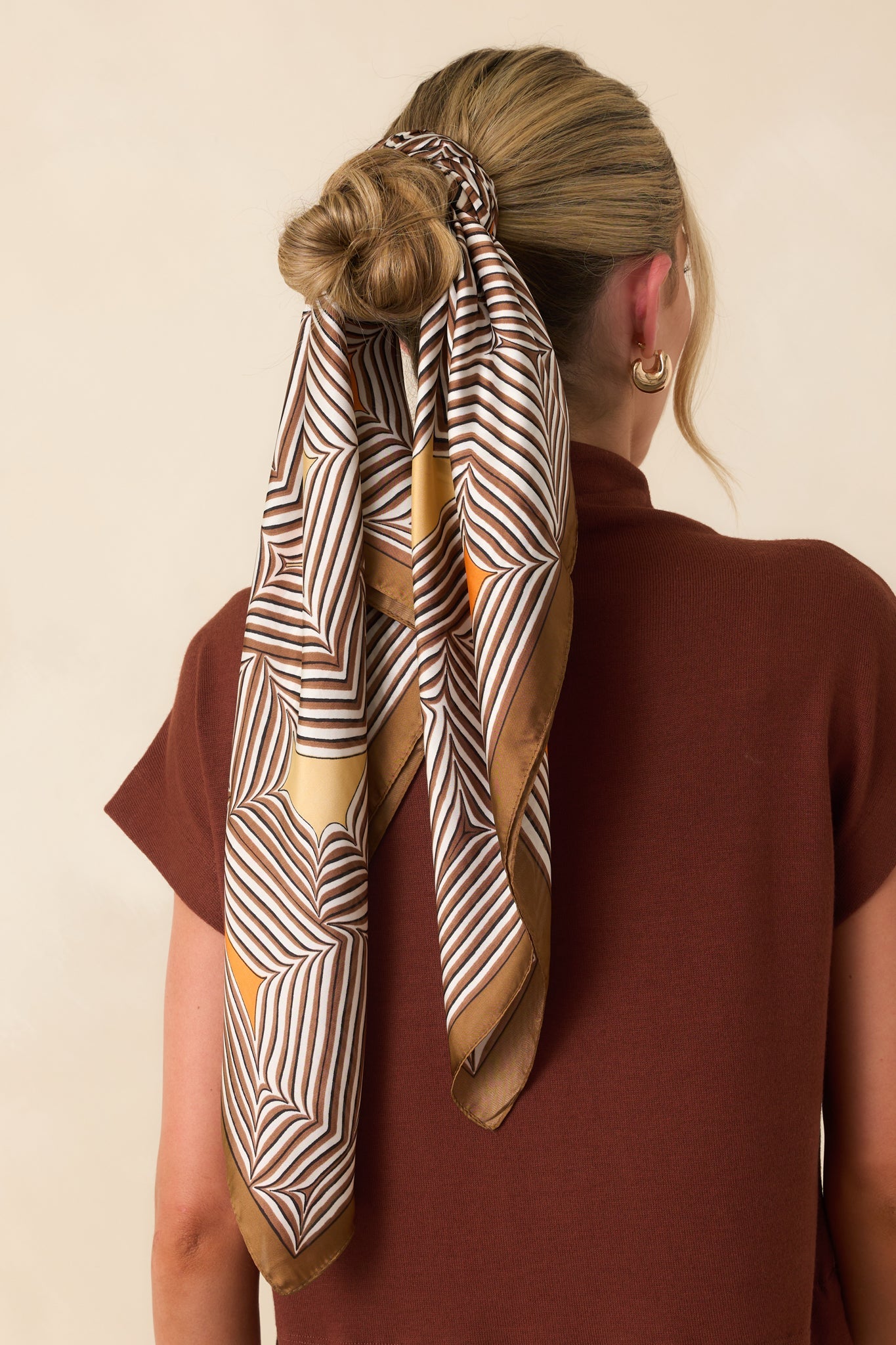 Remember The Details Brown Multi Geometric Print Satin Scarf