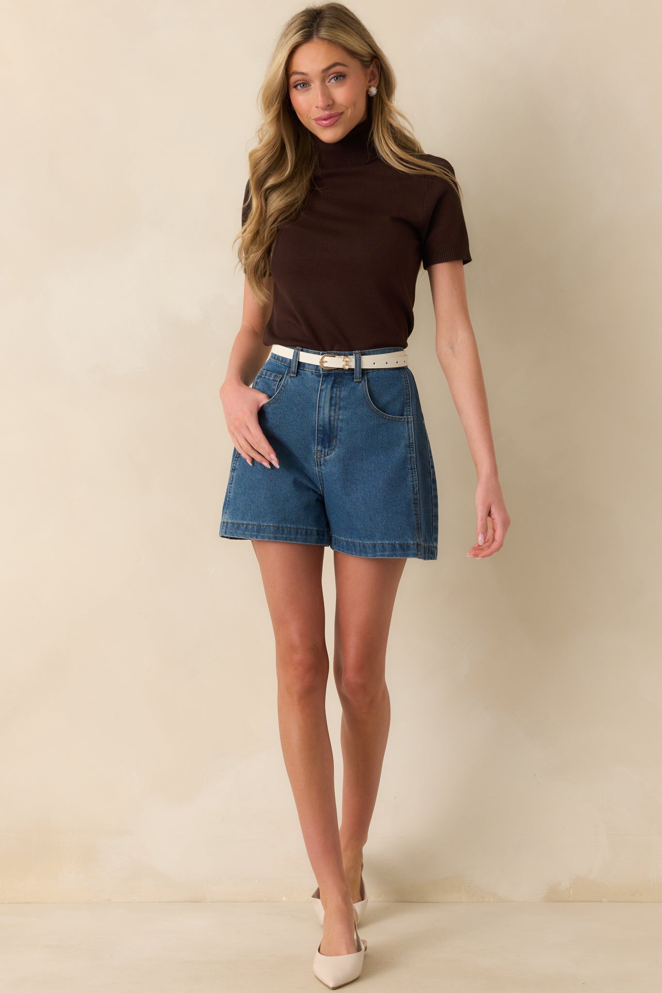 In Just A Minute Brown Ribbed Turtleneck Short Sleeve Sweater