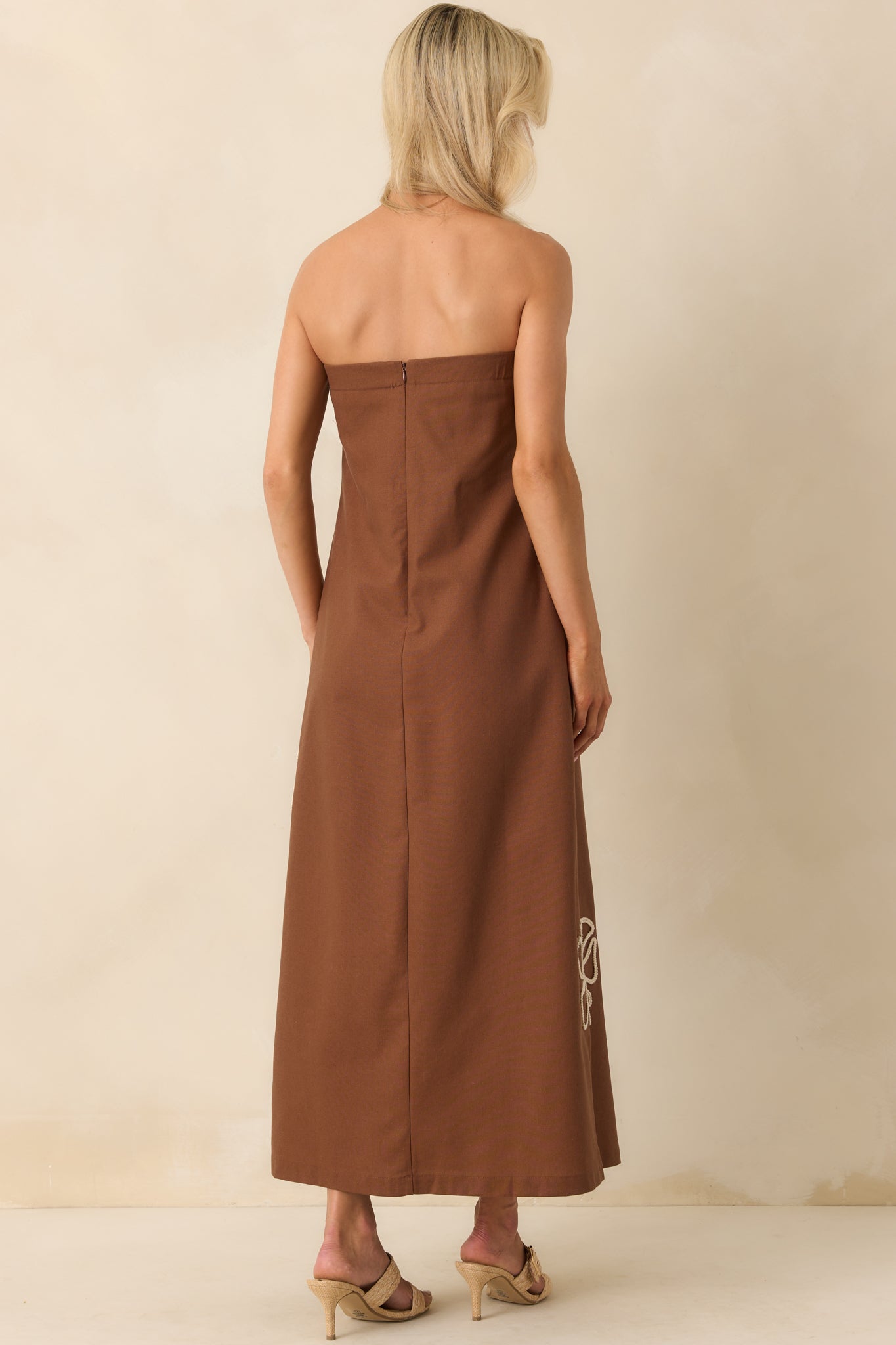 Right Where I Am Brown Floral Embroidered Strapless Midi Dress