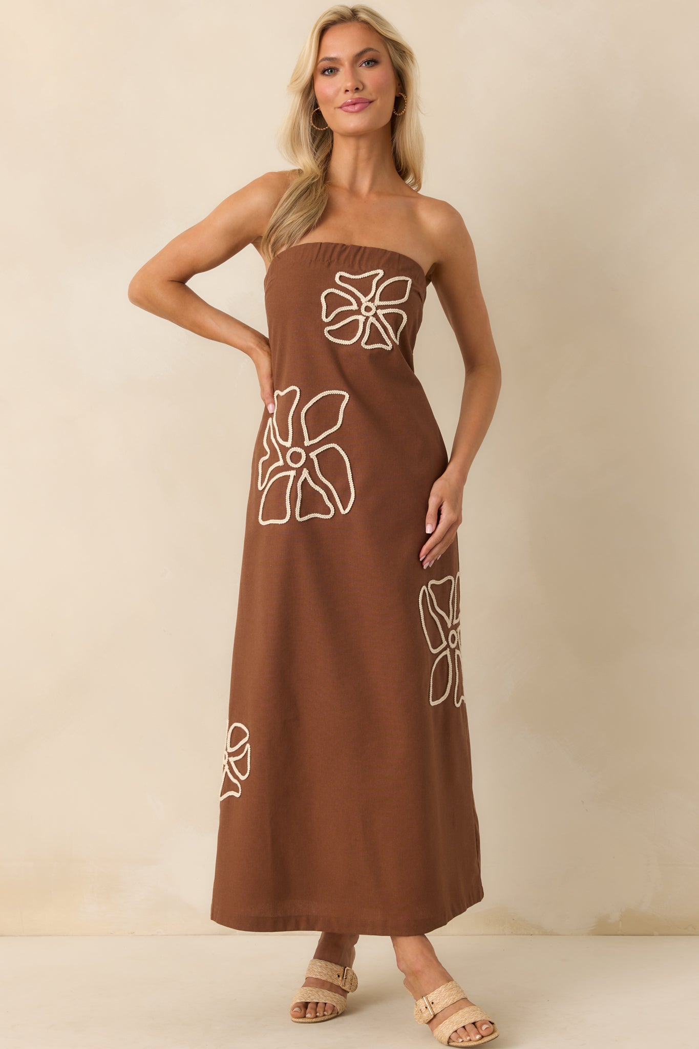Right Where I Am Brown Floral Embroidered Strapless Midi Dress