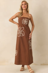 Right Where I Am Brown Floral Embroidered Strapless Midi Dress