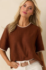 Never Looked Back Brown Contrast Trim Short Sleeve Sweater