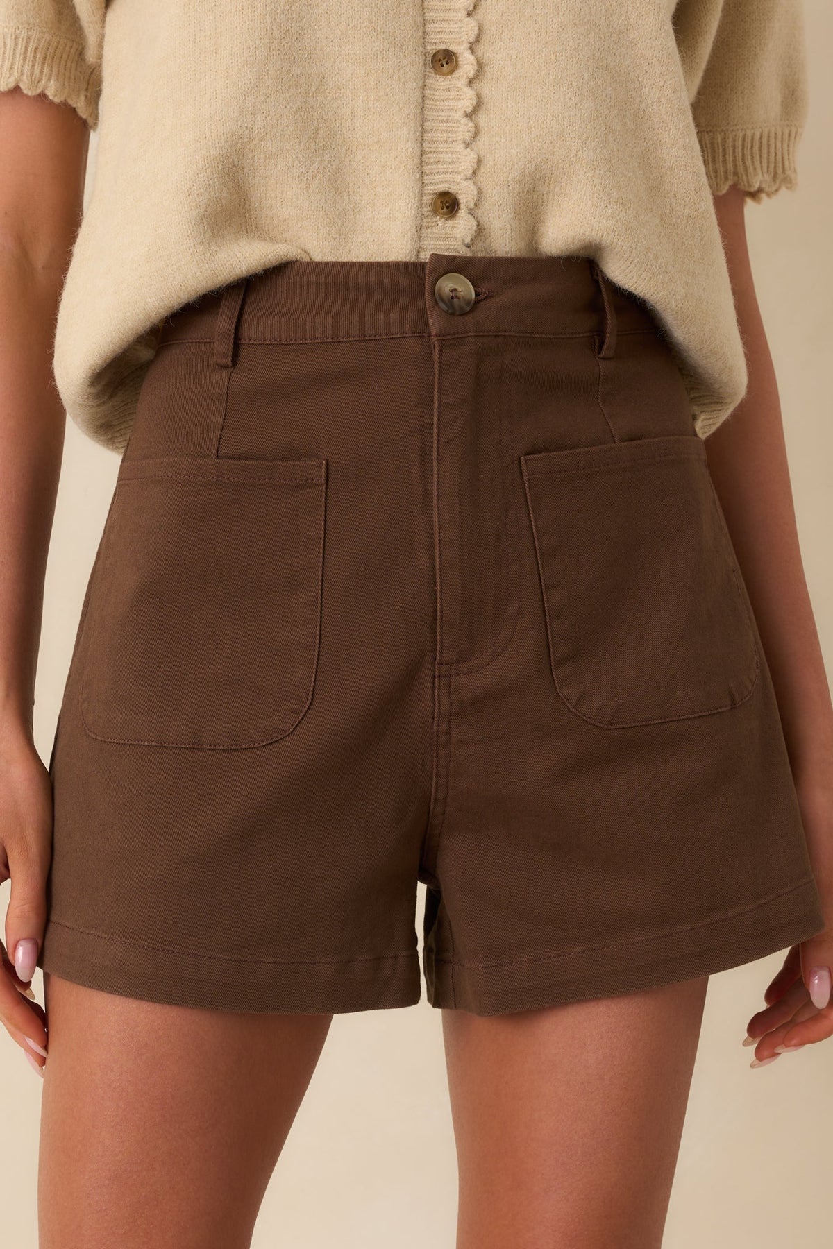 For The Moment Brown Cotton High Waisted Patch Pocket Shorts