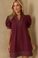 Took The Right Turn Burgundy Cotton Puff Sleeve Mini Dress
