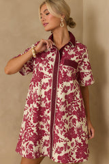 Right Where I Belong Burgundy Multi Floral Print Mini Shirt Dress