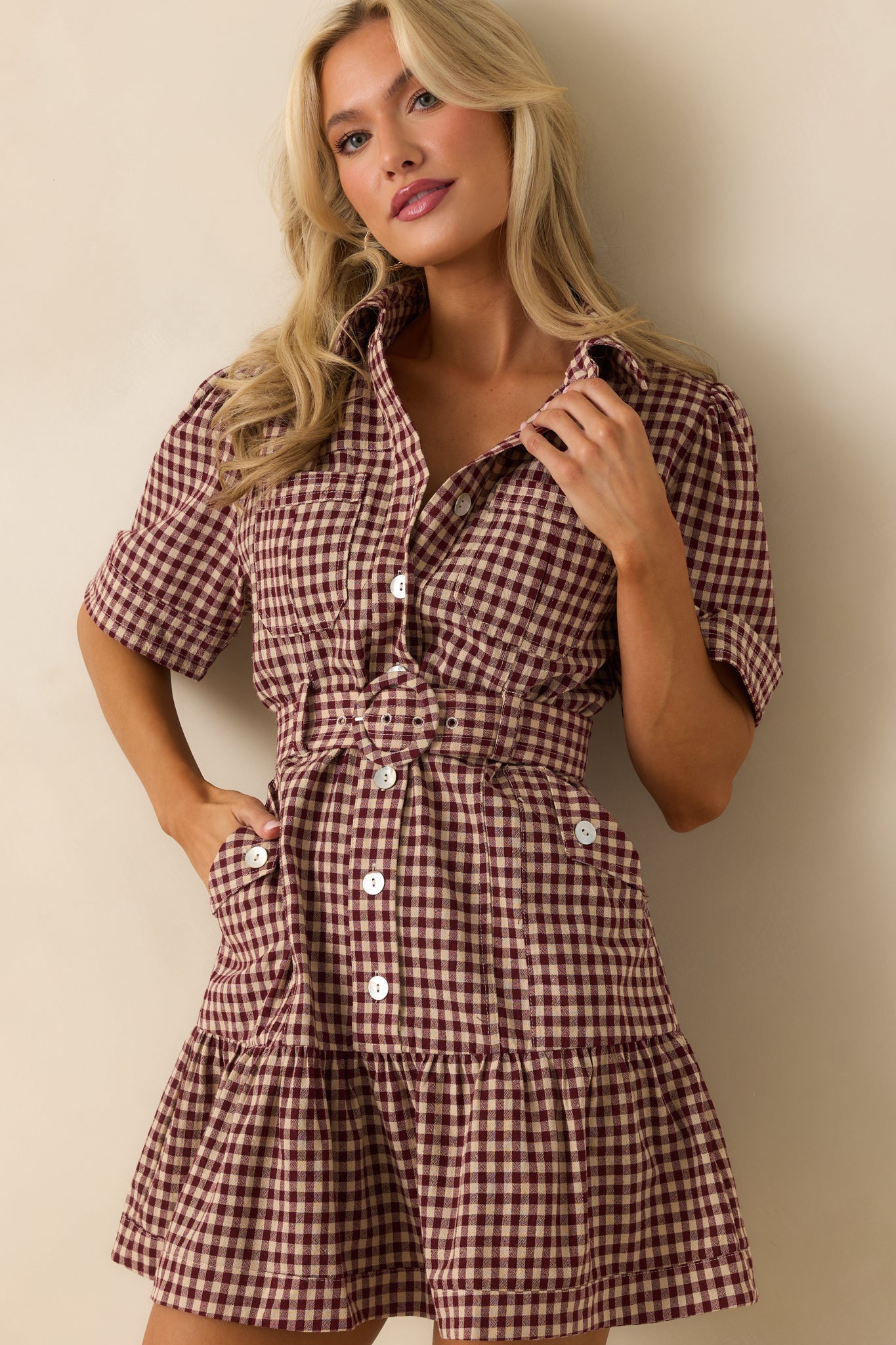 I Hope You Know Burgundy Gingham Cotton Mini Shirt Dress