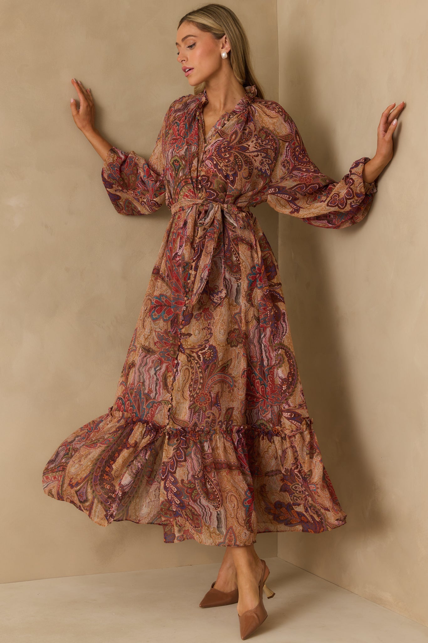 Point Taken Burgundy Multi Paisley Print Chiffon Maxi Dress