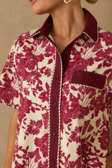 Right Where I Belong Burgundy Multi Floral Print Mini Shirt Dress