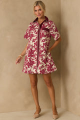 Right Where I Belong Burgundy Multi Floral Print Mini Shirt Dress