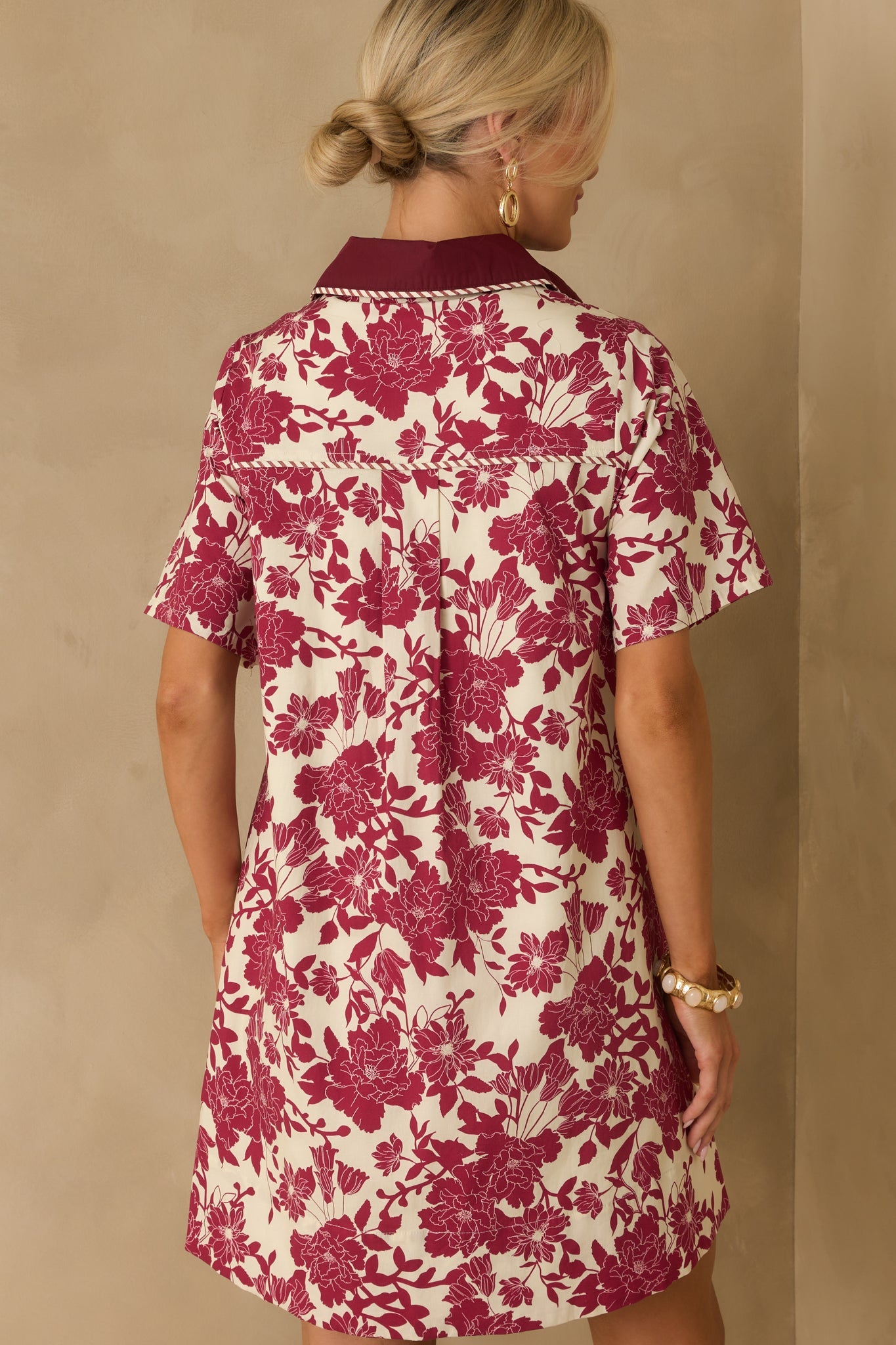 Right Where I Belong Burgundy Multi Floral Print Mini Shirt Dress