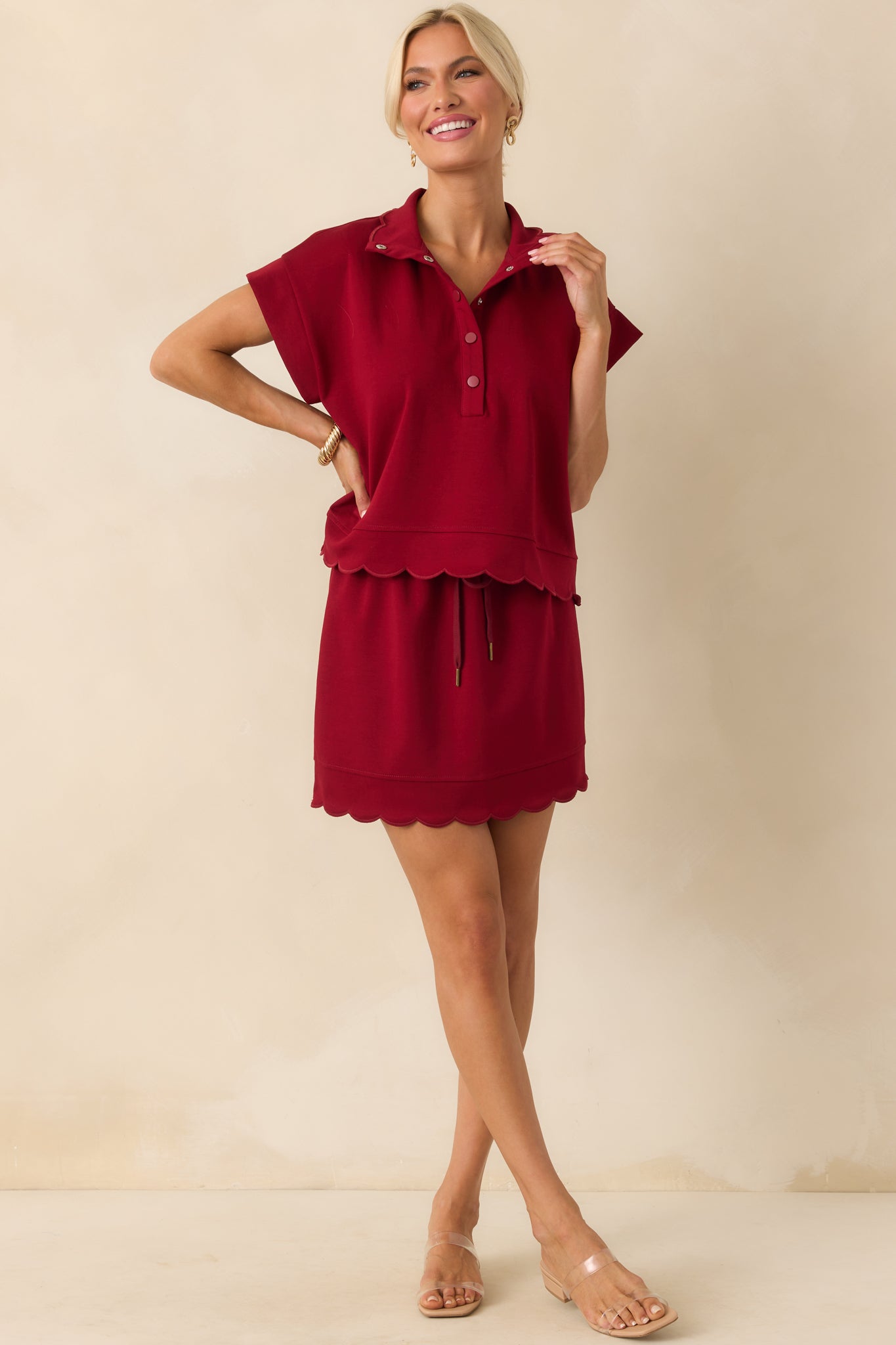 In Passing Burgundy Cotton Scallop Hem Drawstring Mini Skirt