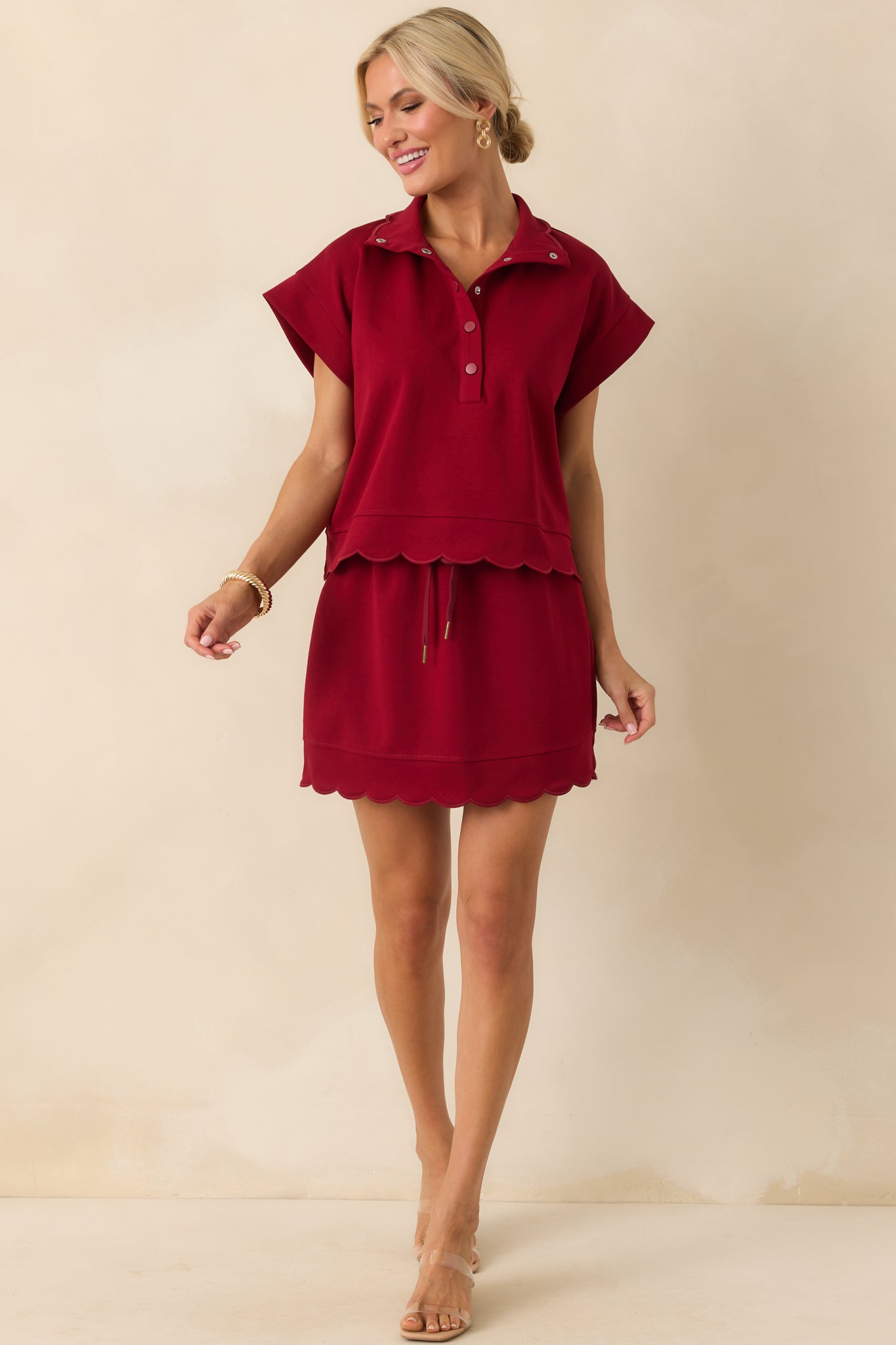 In Passing Burgundy Cotton Scallop Hem Drawstring Mini Skirt