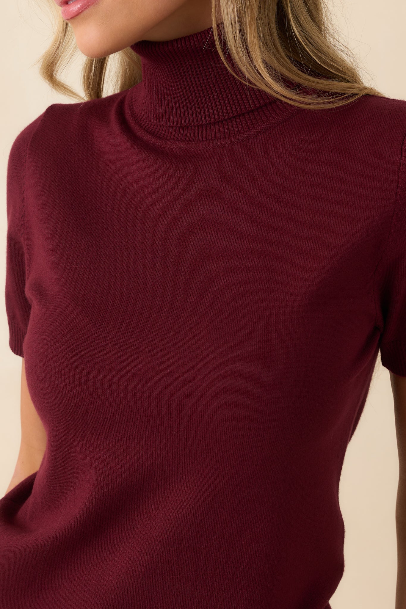 In Just A Minute Wine Ribbed Turtleneck Short Sleeve Sweater