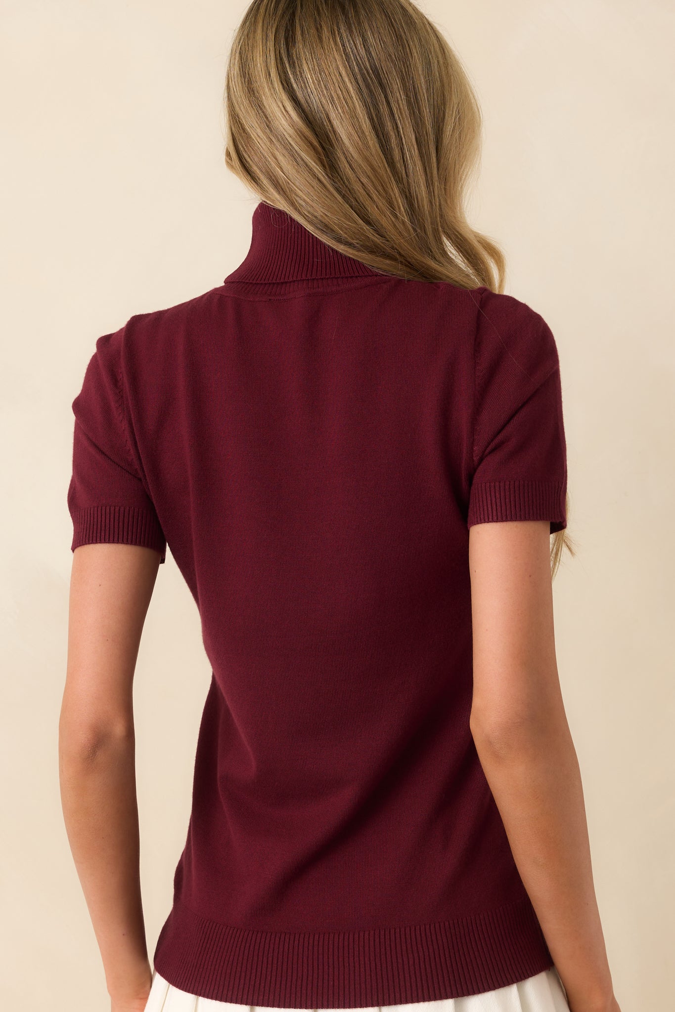 In Just A Minute Wine Ribbed Turtleneck Short Sleeve Sweater
