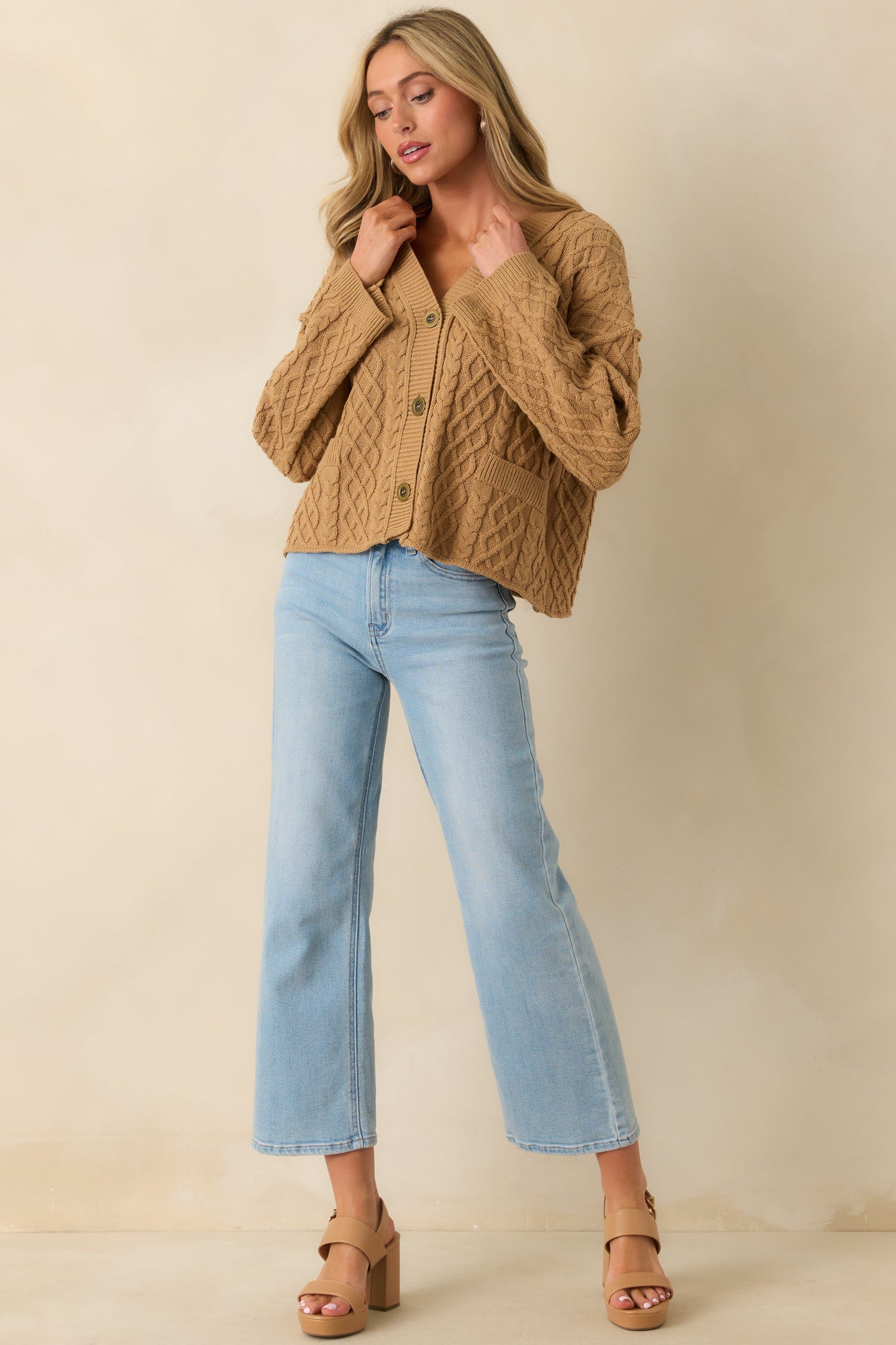 For Old Time's Sake Camel Brown Cable Knit Button Up Cardigan