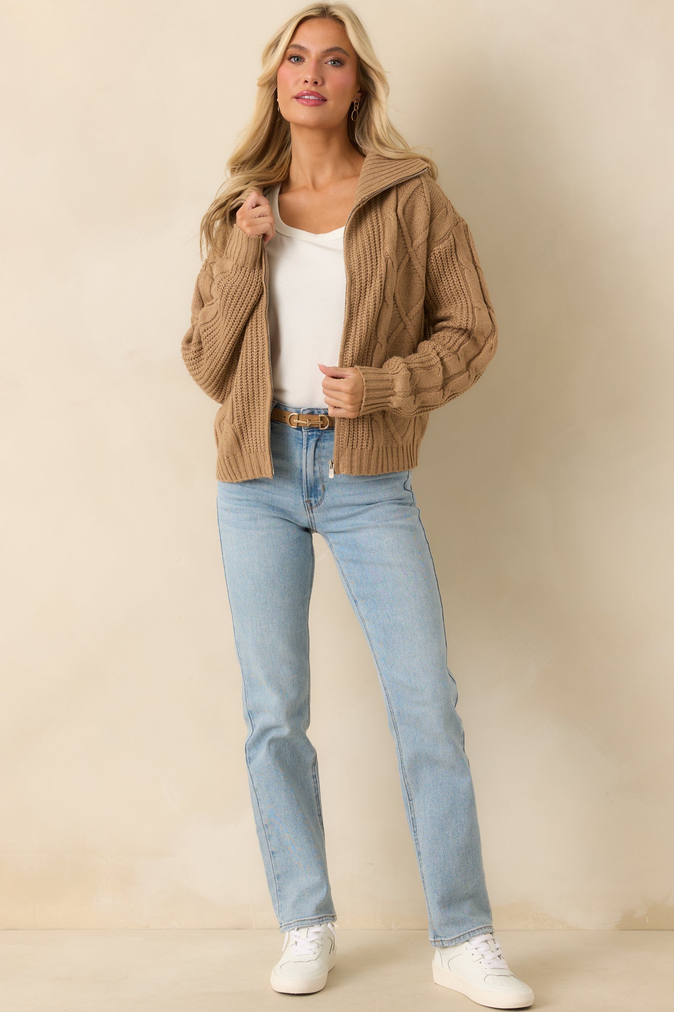 Better Believe It Camel Brown Cable Knit Zip Front Sweater Jacket