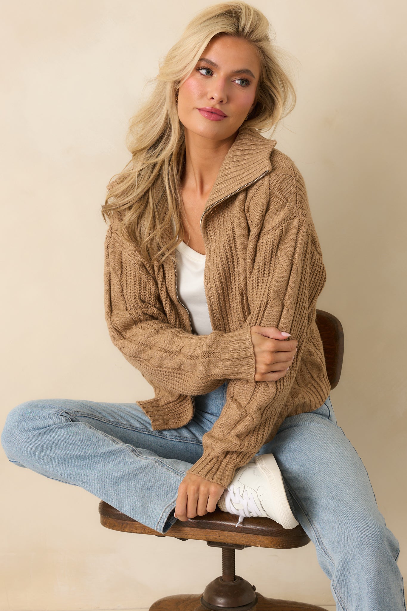 Better Believe It Camel Brown Cable Knit Zip Front Sweater Jacket