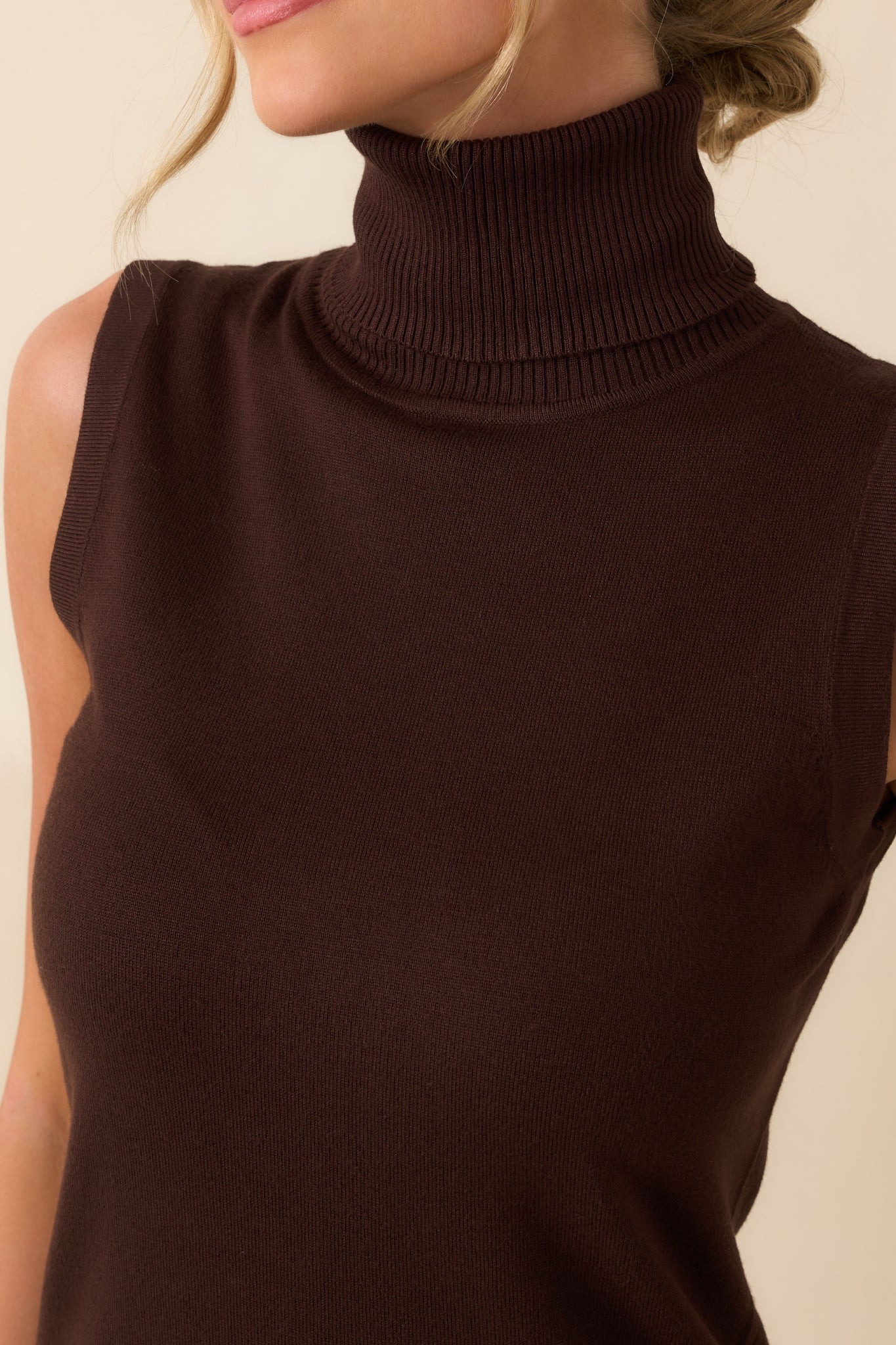 Peaceful Feelings Chocolate Brown Sleeveless Turtleneck Sweater