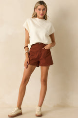 For The Moment Cinnamon Brown Cotton High Waisted Patch Pocket Shorts
